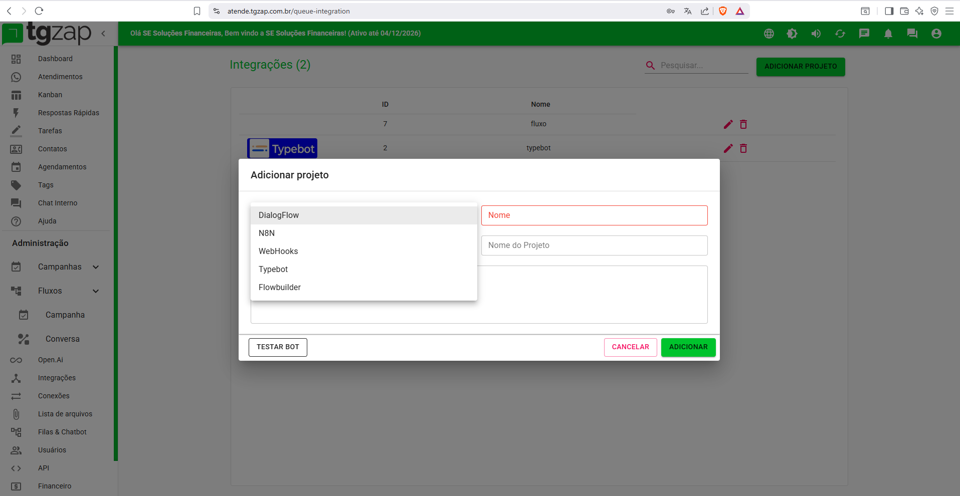 Integrações Atende TGZAP